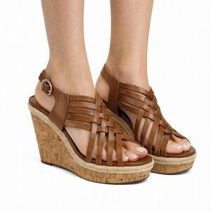 Franco Sarto Tammie Espadrille Cork Wedge Sandal Brown Leather Women's size 8